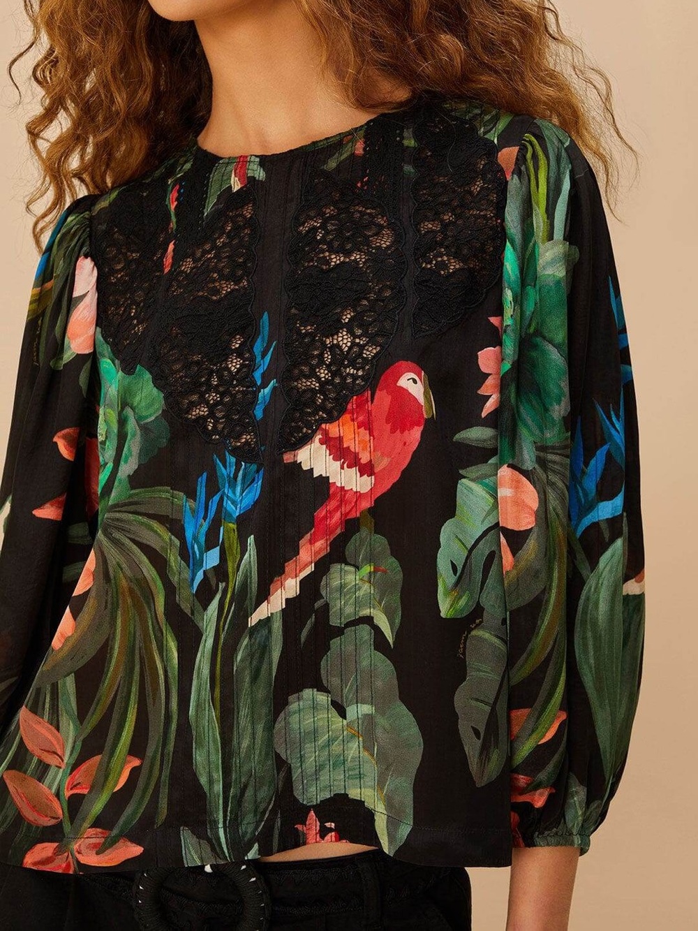 FARM Rio Midnight Macaw Fiesta Black Blouse with Lace Detail Tropical Top